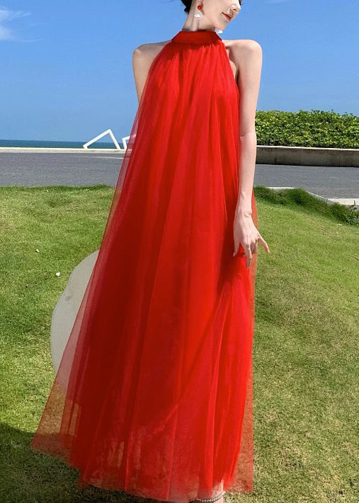 New Red Backless Lace Up Tulle Long Dresses Sleeveless Kk023