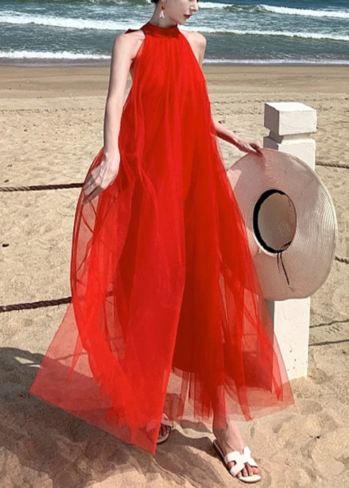 New Red Backless Lace Up Tulle Long Dresses Sleeveless Kk023