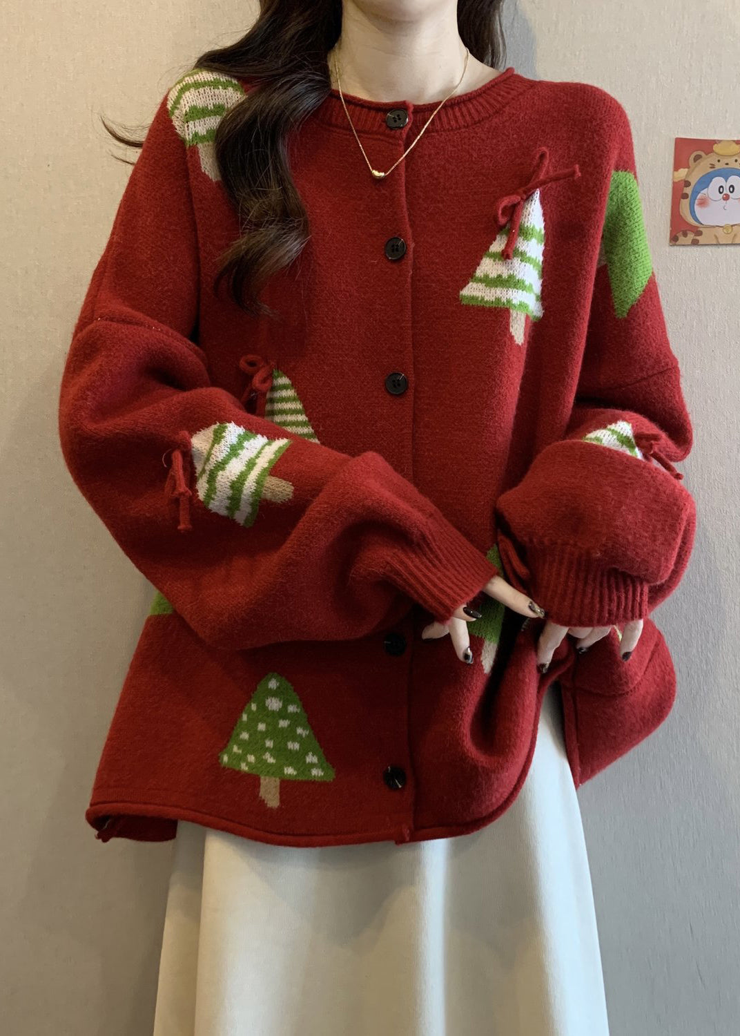 New Red Christmas Tree Bow Button Knit Cardigan Winter Rg019