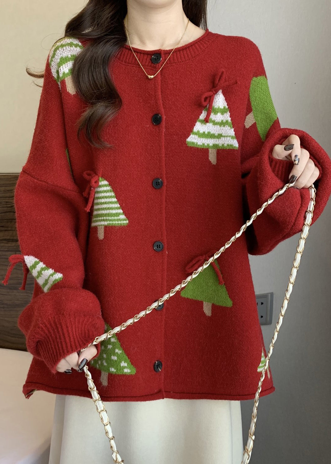New Red Christmas Tree Bow Button Knit Cardigan Winter Rg019