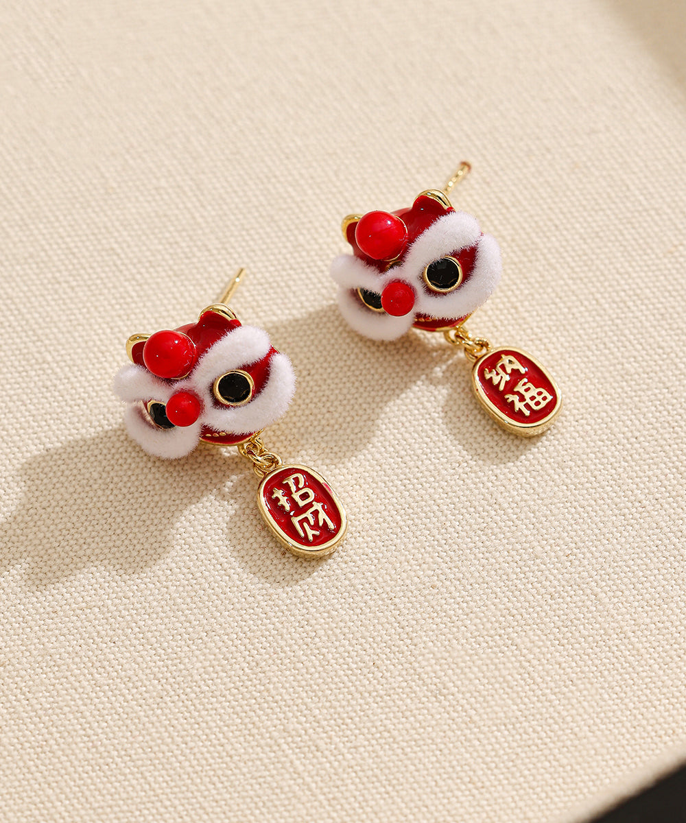New Red Copper 14k Gold 14k Gold Lion Dance Drop Earrings