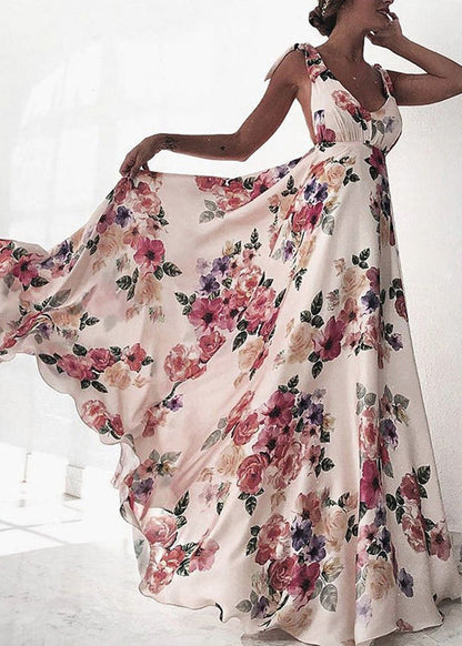 New Red V Neck Print Backless Cotton Maxi Dresses Sleeveless Ff098