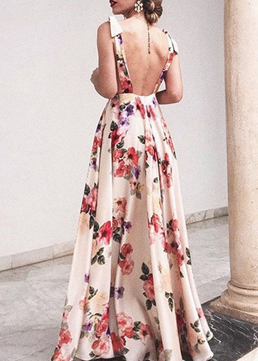 New Red V Neck Print Backless Cotton Maxi Dresses Sleeveless Ff098