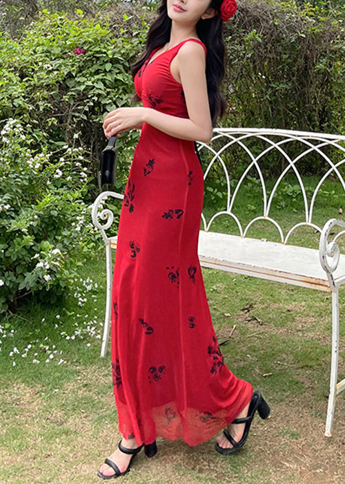 New Red V Neck Print Tulle Maxi Dresses Sleeveless Yt025