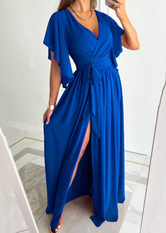 New Red V Neck Tie Waist Side Open Cotton Maxi Dress Summer Bb035