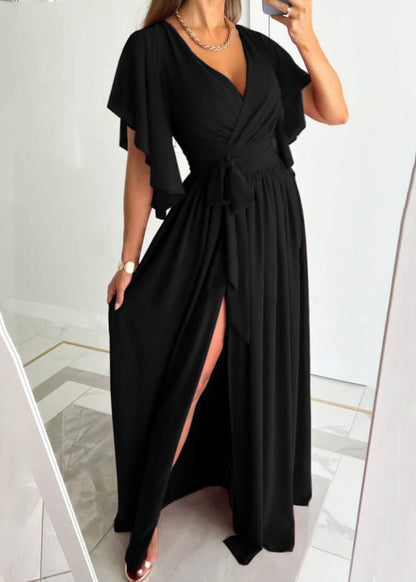 New Red V Neck Tie Waist Side Open Cotton Maxi Dress Summer Bb035