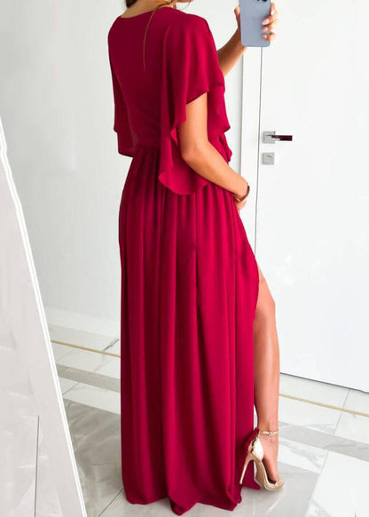 New Red V Neck Tie Waist Side Open Cotton Maxi Dress Summer Bb035