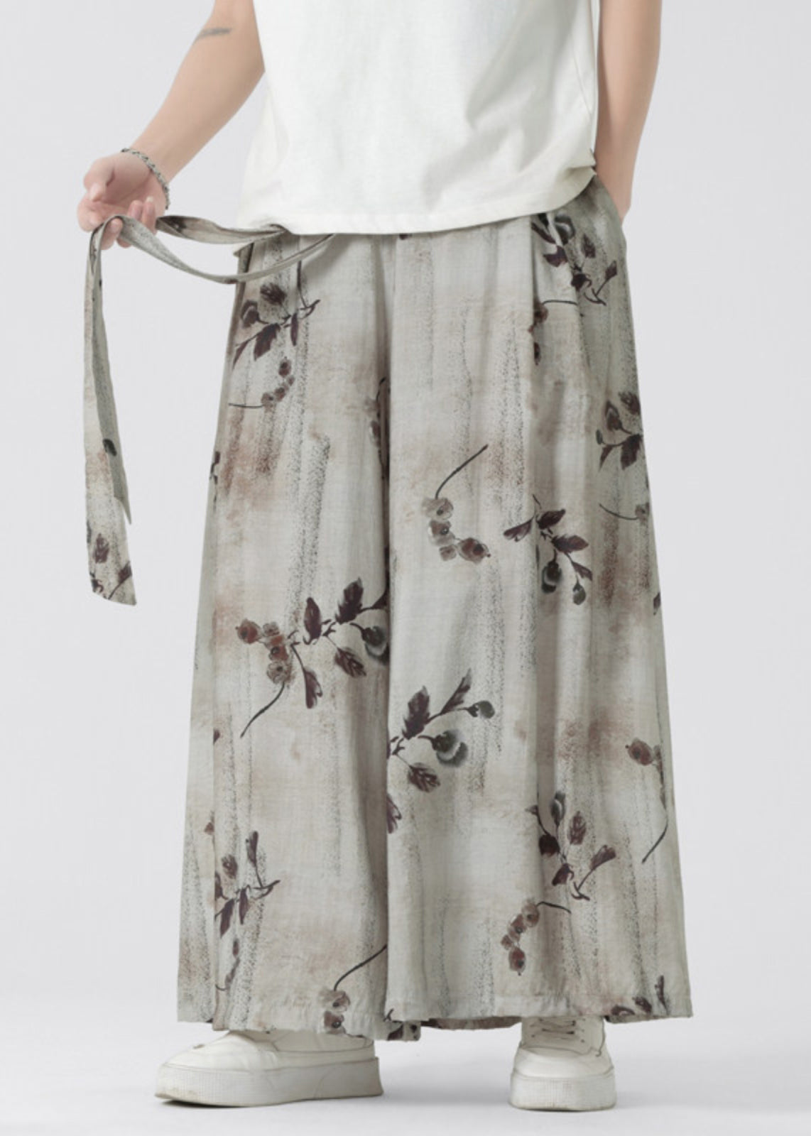 New Retro Pockets Print Elastic Waist Ice Silk Wide Leg Pants Summer Sa050