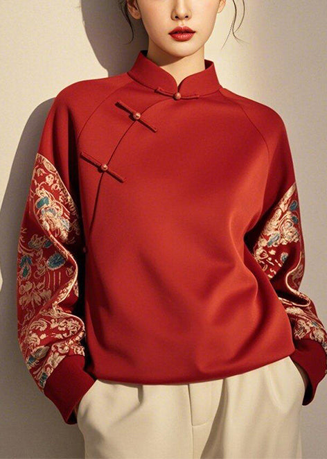 New Retro Red Chinese Button Patchwork Cotton Pullover Sweatshirt Spring Yj035