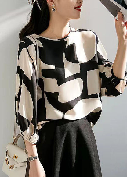 New Rose O Neck Print Button Silk Blouse Spring Op1094