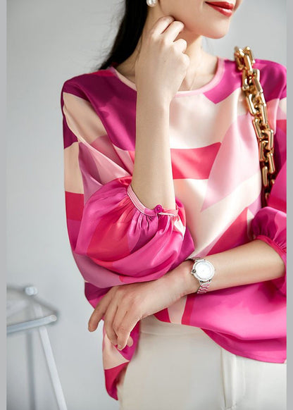 New Rose O Neck Print Button Silk Blouse Spring Op1094