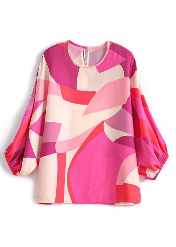 New Rose O Neck Print Button Silk Blouse Spring Op1094
