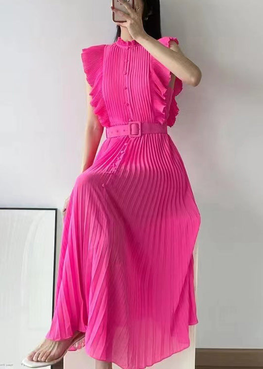 New Rose Ruffled Button Sashes Chiffon Maxi Dresses Sleeveless Ww1063