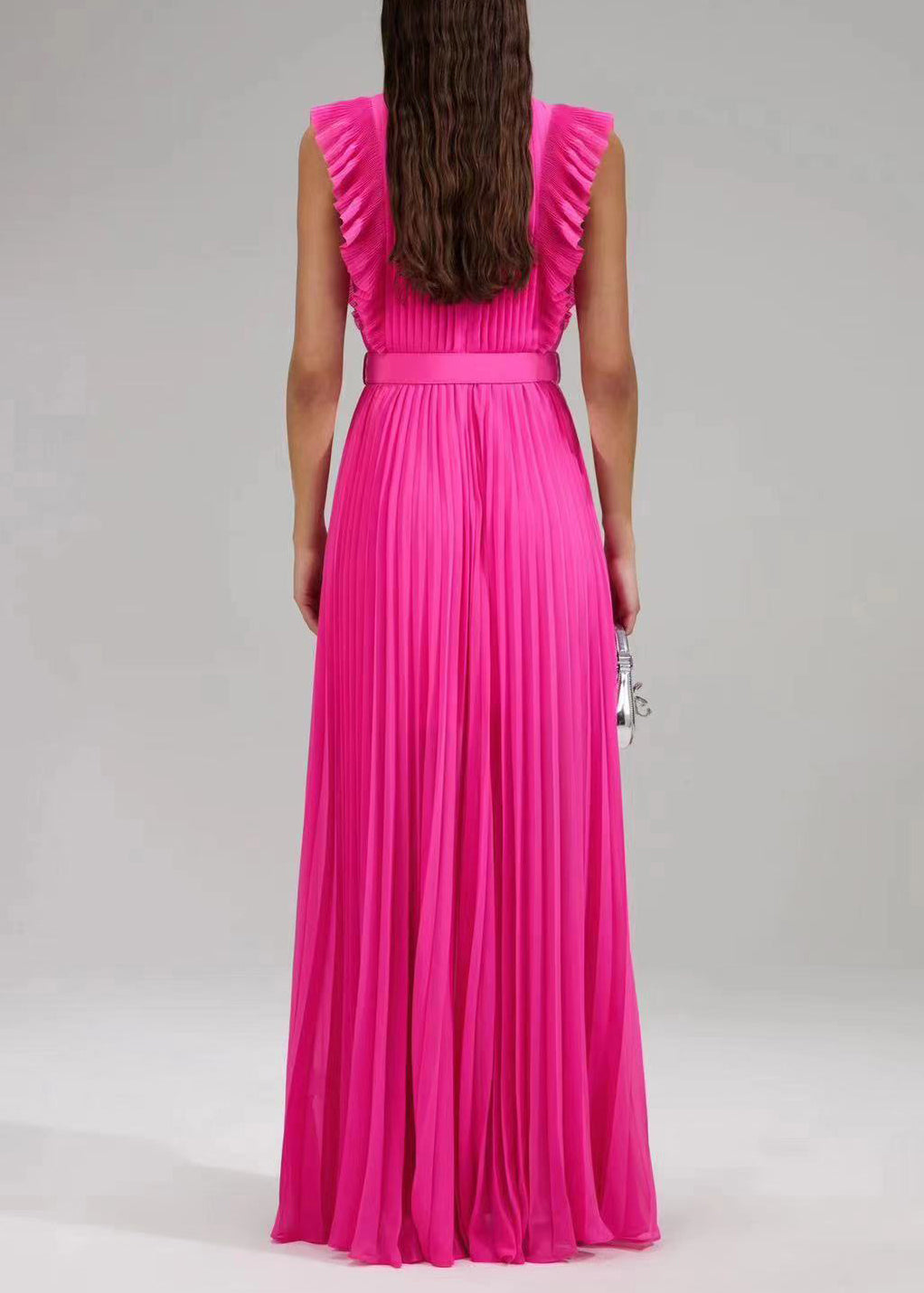 New Rose Ruffled Button Sashes Chiffon Maxi Dresses Sleeveless Ww1063