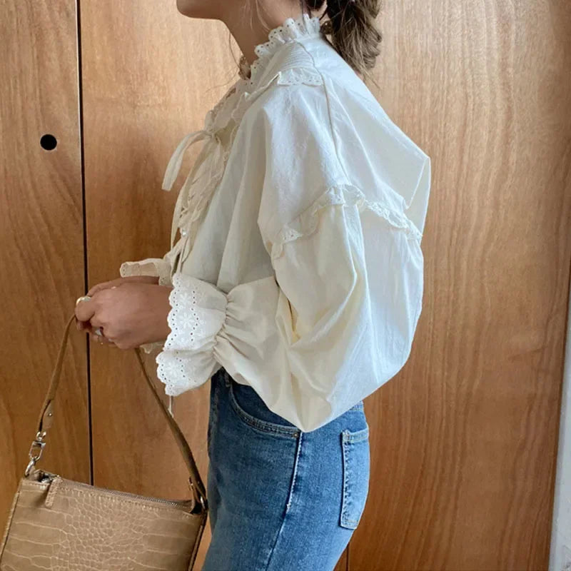Lace Hollow-out Long Sleeve Blouse