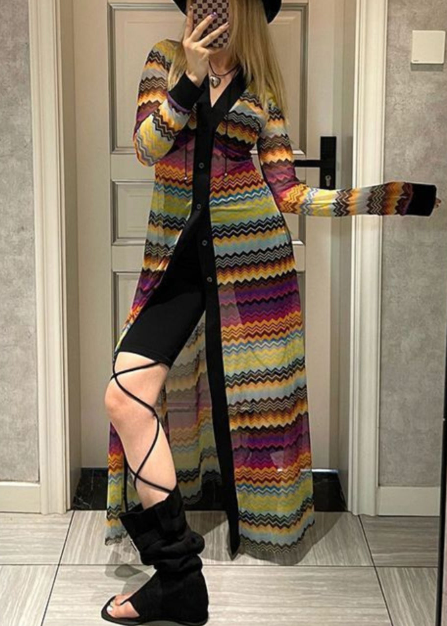 New Striped V Neck Button Tulle Long Cardigans Long Sleeve Op1032