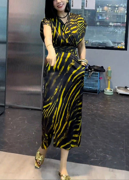 New Striped V Neck Pockets Cotton Long Dress Summer Xx072