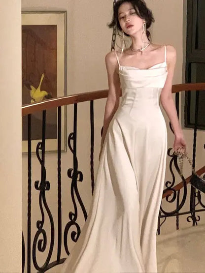 New Summer Satin Midi Dress Slim Spaghetti Strap Party Dresses Wedding Evening Birthday Backless Prom Robe Clothes