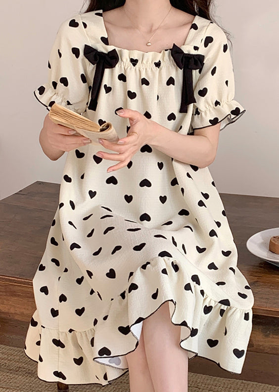 New White Bow Loving Heart Cotton Pajamas Long Dress Summer Yk020