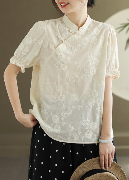 New White Embroidered Button Cotton Blouse Summer Re009