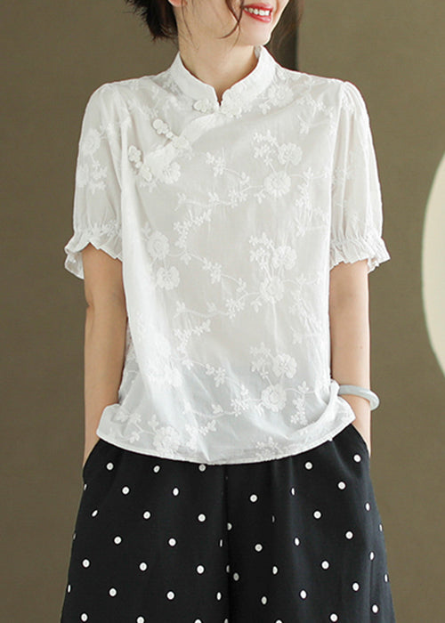 New White Embroidered Button Cotton Blouse Summer Re009