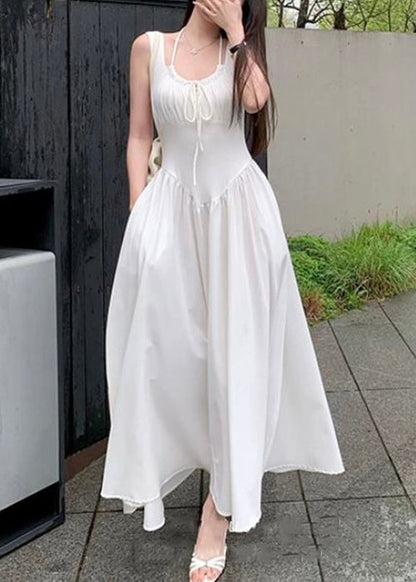 New White Lace Up Pockets Cotton Long Dress Sleeveless Zl033