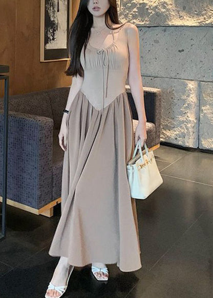 New White Lace Up Pockets Cotton Long Dress Sleeveless Zl033