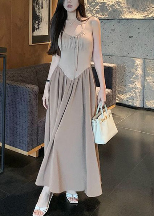 New White Lace Up Pockets Cotton Long Dress Sleeveless Zl033