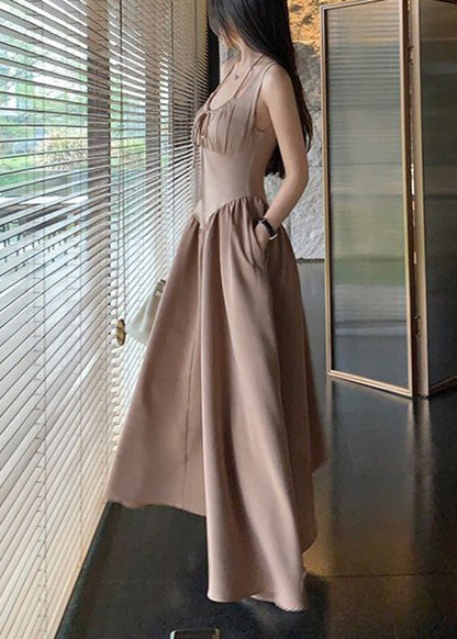 New White Lace Up Pockets Cotton Long Dress Sleeveless Zl033