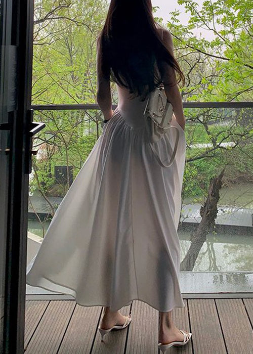New White Lace Up Pockets Cotton Long Dress Sleeveless Zl033