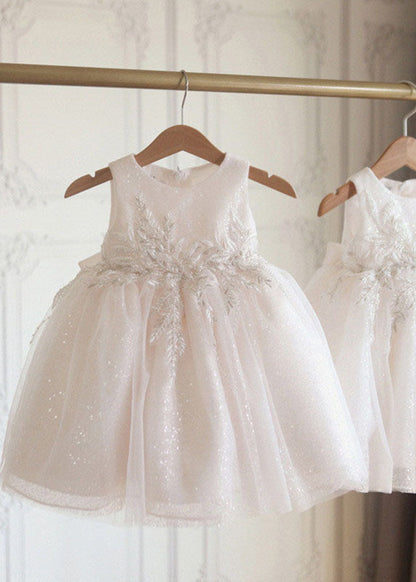 New White O-neck Patchwork Tulle Kids Holiday Maxi Dress Summer Ys017