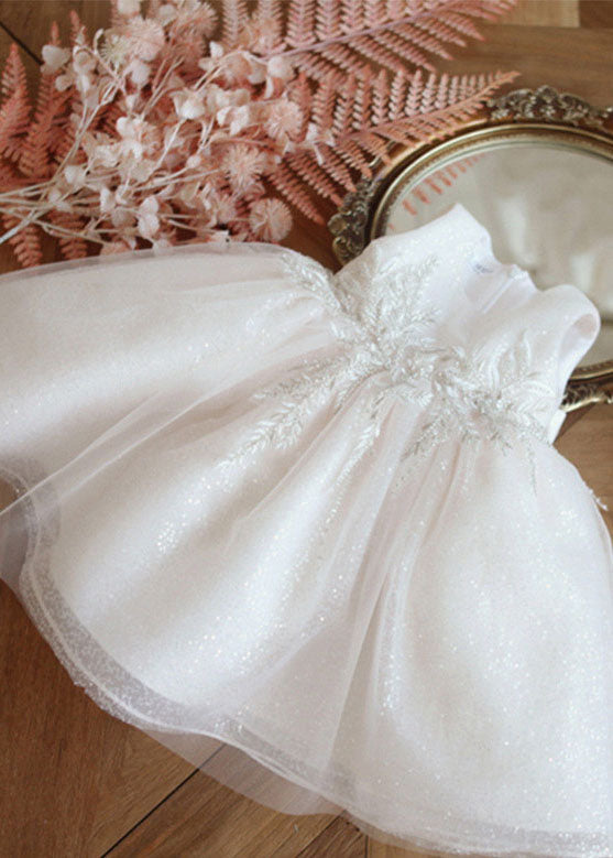 New White O-neck Patchwork Tulle Kids Holiday Maxi Dress Summer Ys017