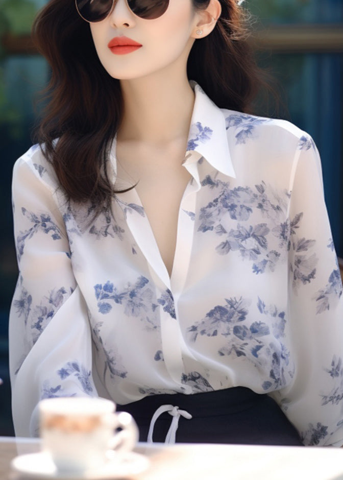 New White Peter Pan Collar Print Chiffon Blouses Long Sleeve Kj015