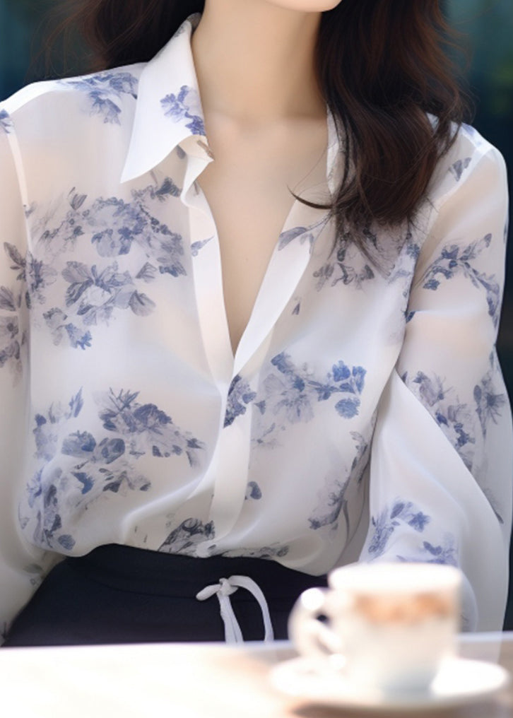 New White Peter Pan Collar Print Chiffon Blouses Long Sleeve Kj015