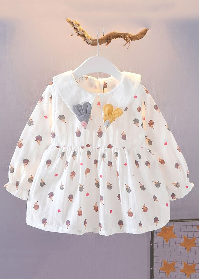 New White Peter Pan Collar Print Cotton Baby Dresses Long Dress Xz092