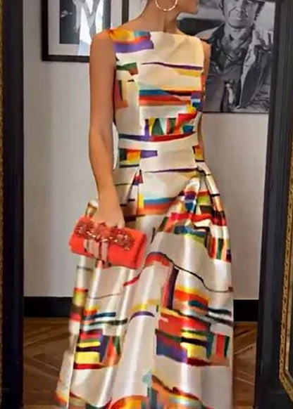 New White Print High Waist Silk Long Dress Sleeveless Ww1040