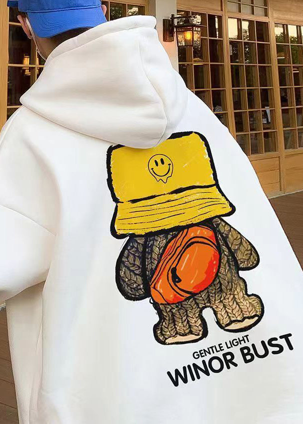 New White Print Pockets Warm Fleece Sweatshirt Winter Rp052