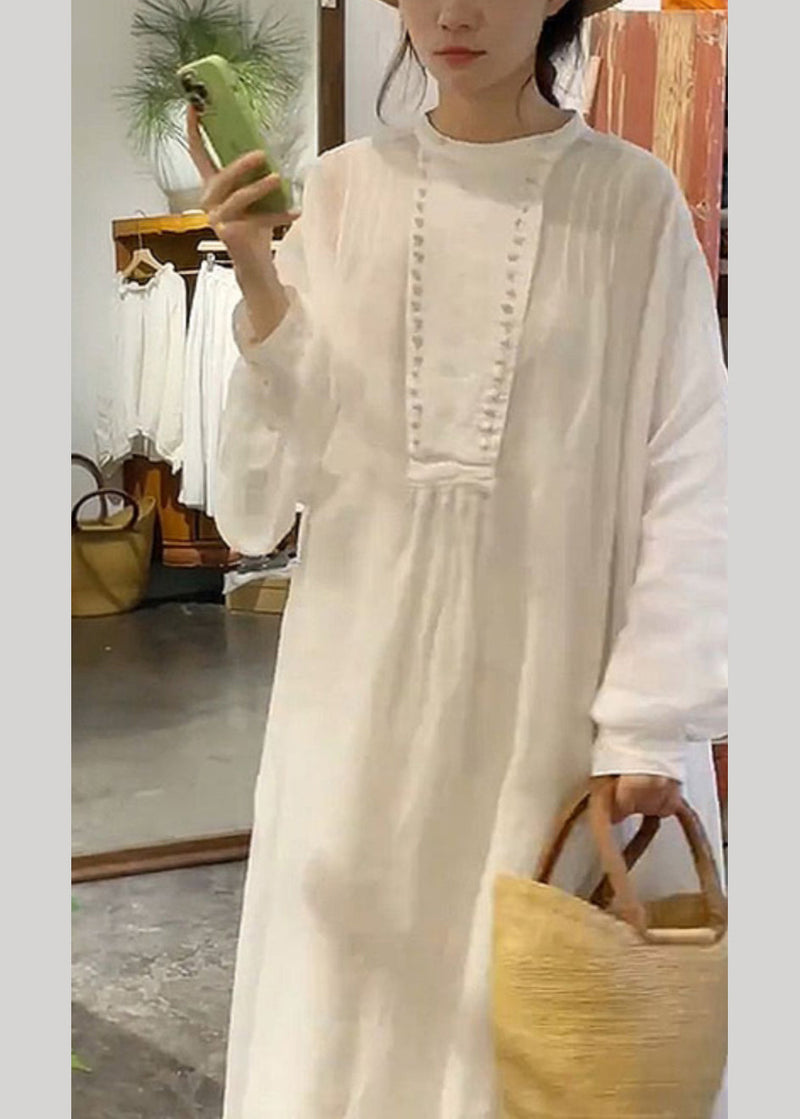 New White O-neck Cotton Long Dress Spring As1003