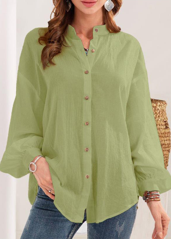 New White Stand Collar Button Cotton Blouses Long Sleeve Ff050