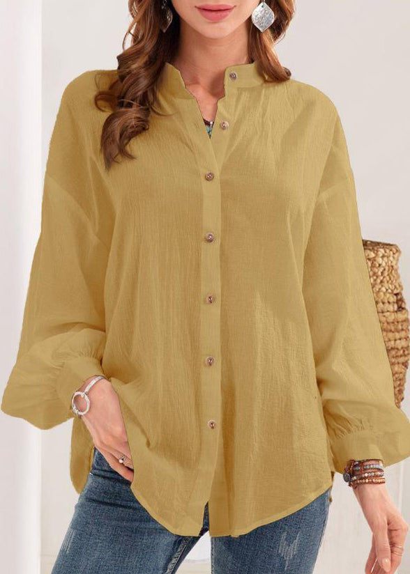 New White Stand Collar Button Cotton Blouses Long Sleeve Ff050