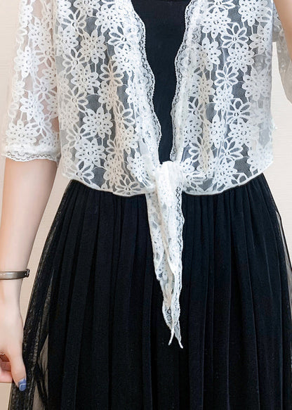 New White V Neck Lace Up Lace Cardigan Half Sleeve As1028