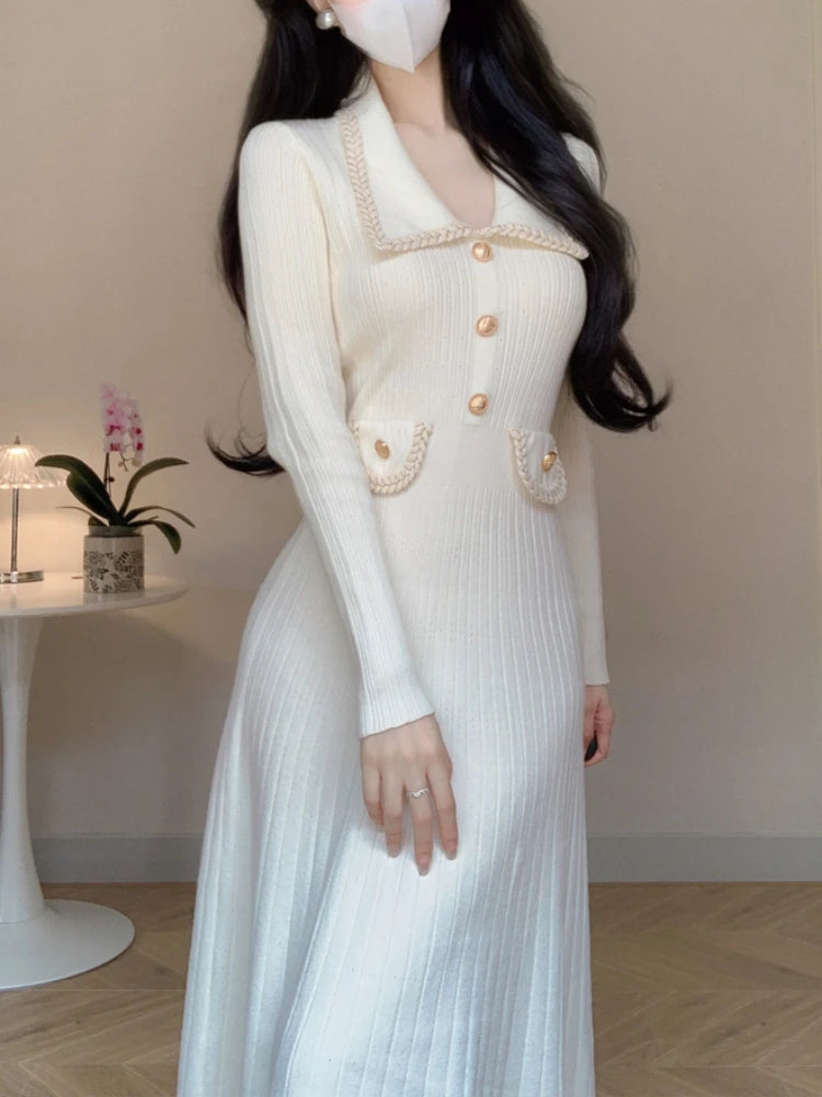 New French Knitted Dress Autumn Winter Slim A-line Lapel Knitted Dresses Long Sleeve Midi Dress