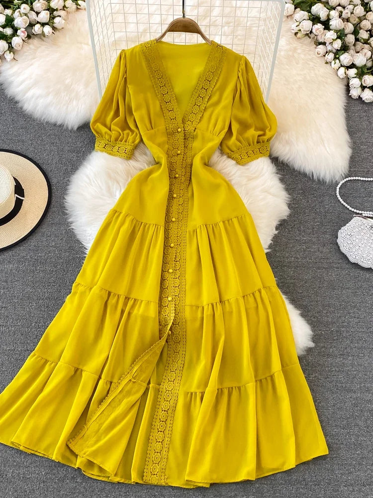 New Party Dress Summer Puff Sleeve V Neck Lace Single-breasted Long Dresses a Line Long Robe
