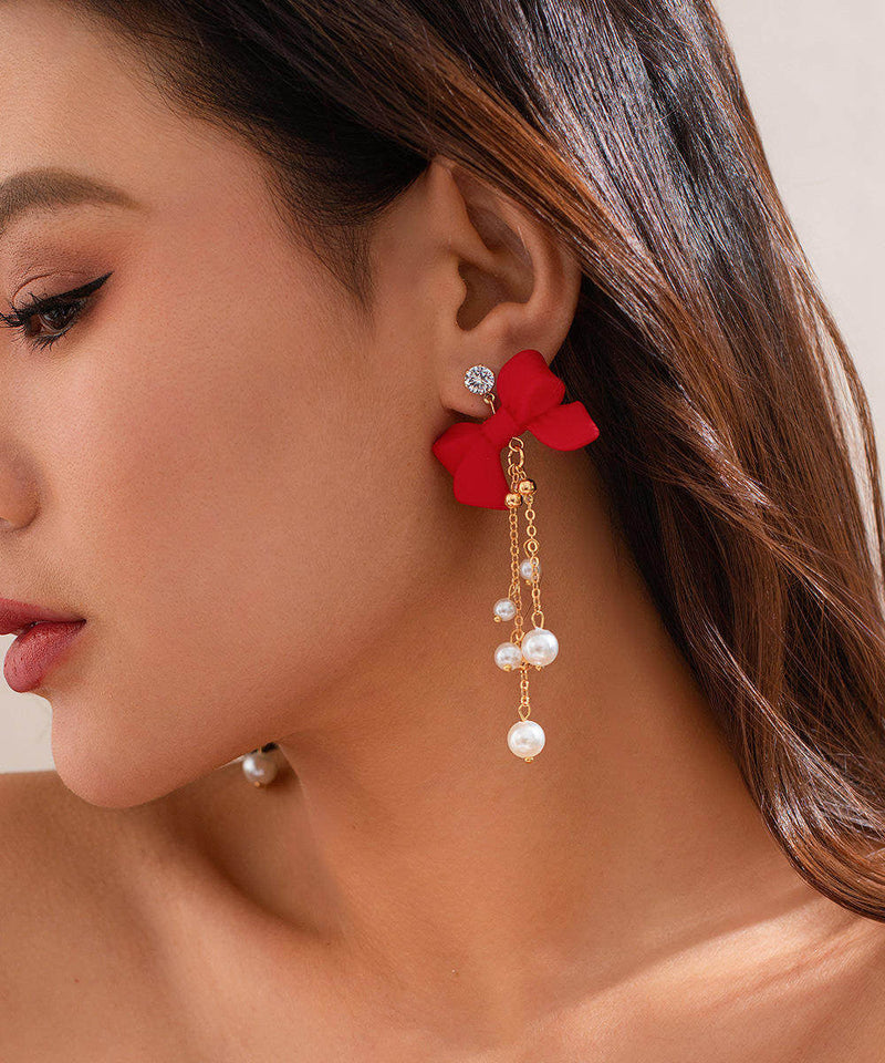 New Year Red Copper Alloy Bow Pearl Tassel Drop Earrings