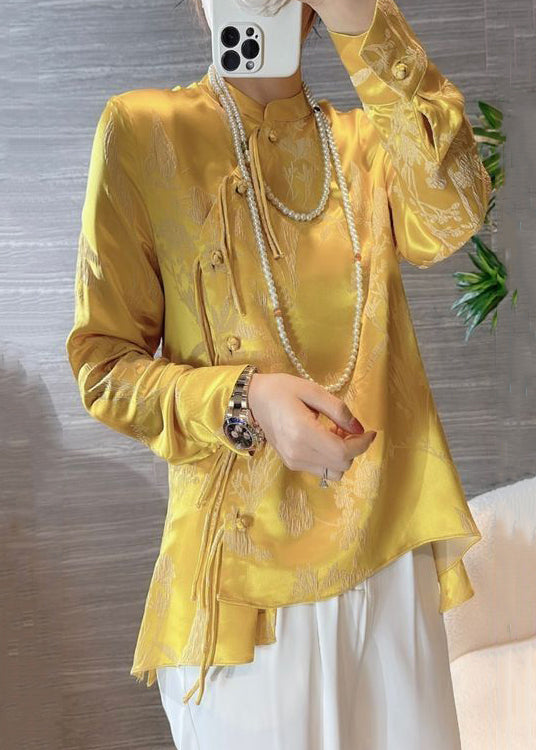 New Yellow Chinese Button Print Silk Blouses Spring Qa1080