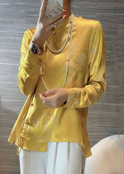 New Yellow Chinese Button Print Silk Blouses Spring Qa1080