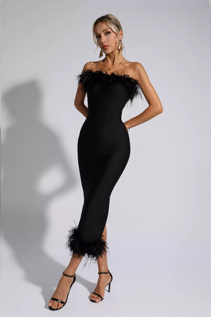 Noelle Black Feather Off-shoulder Maxi Dress