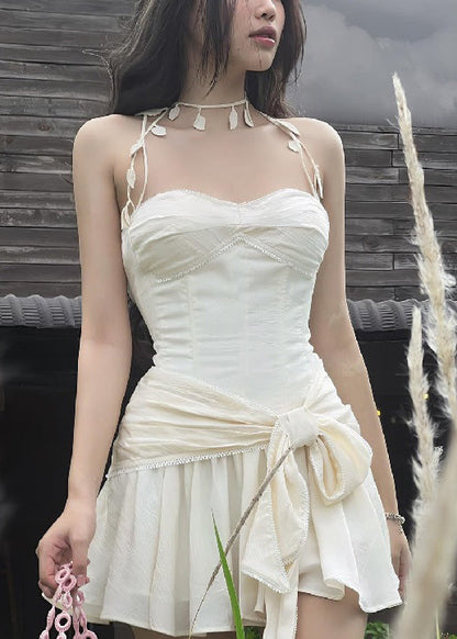 Novelty Beige Bow Original Design Cotton Mini Dresses Sleeveless Yz058