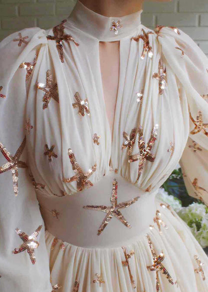 Novelty Beige Sequins Side Open Chiffon Long Dress Lantern Sleeve Ww1037