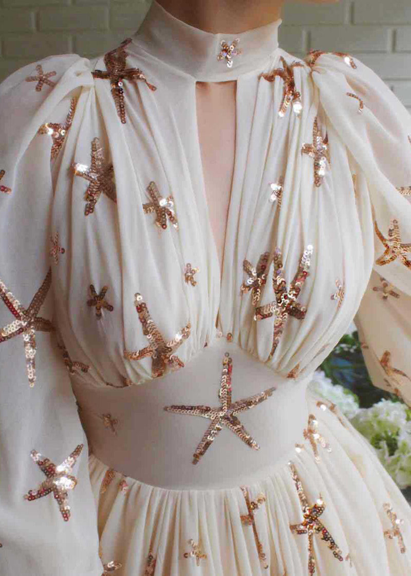 Novelty Beige Sequins Side Open Chiffon Long Dress Lantern Sleeve Ww1037